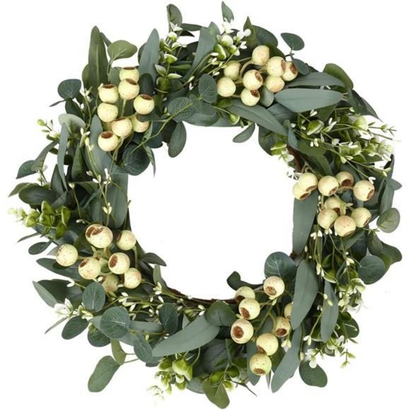 Green Eucalyptus Wreath, Artificial Eucalyptus Leaves Wreath with Big Berries - Picture 1 of 7